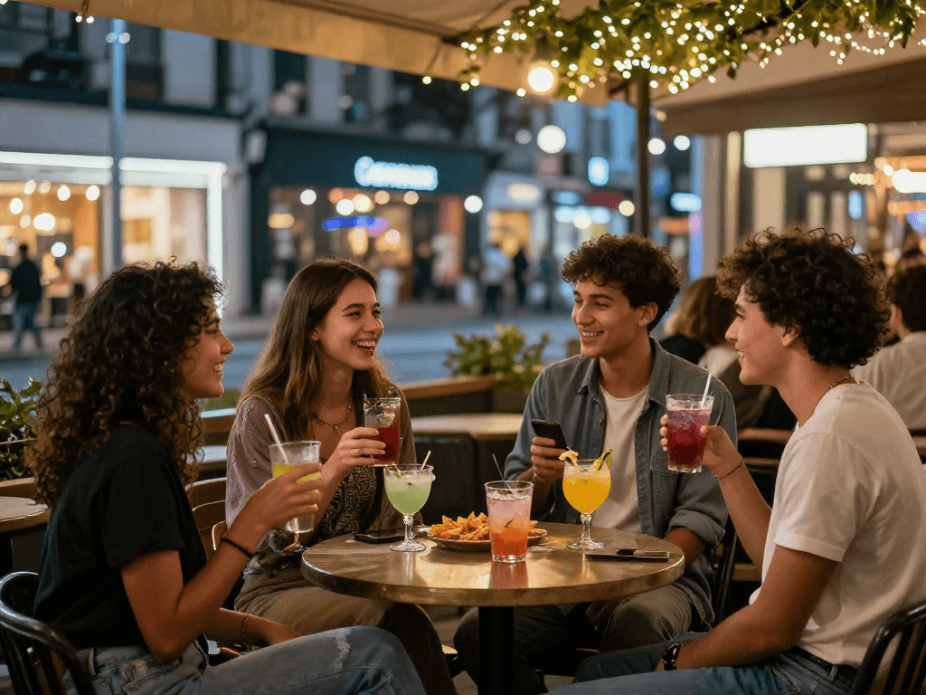 Gái gọi hòa mình vào không khí sôi động của giới trẻ tại quán bar ngoài trời.