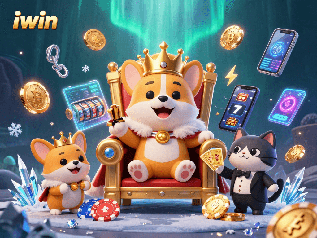 Experience the vibrant iwin gaming world with royal corgi and crypto elements in a festive casino scene.
