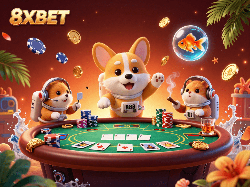 Play exciting casino games at 8XBET while enjoying vibrant 3D illustrations of gaming action.