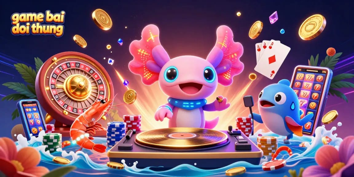 Engage in thrilling game bai doi thuong with a neon-colored axolotl DJ and lively casino atmosphere.