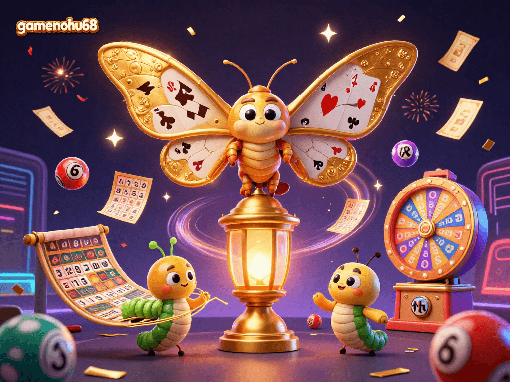 Experience the vibrant energy of gamenohu68 with a dazzling 3D casino-themed illustration.