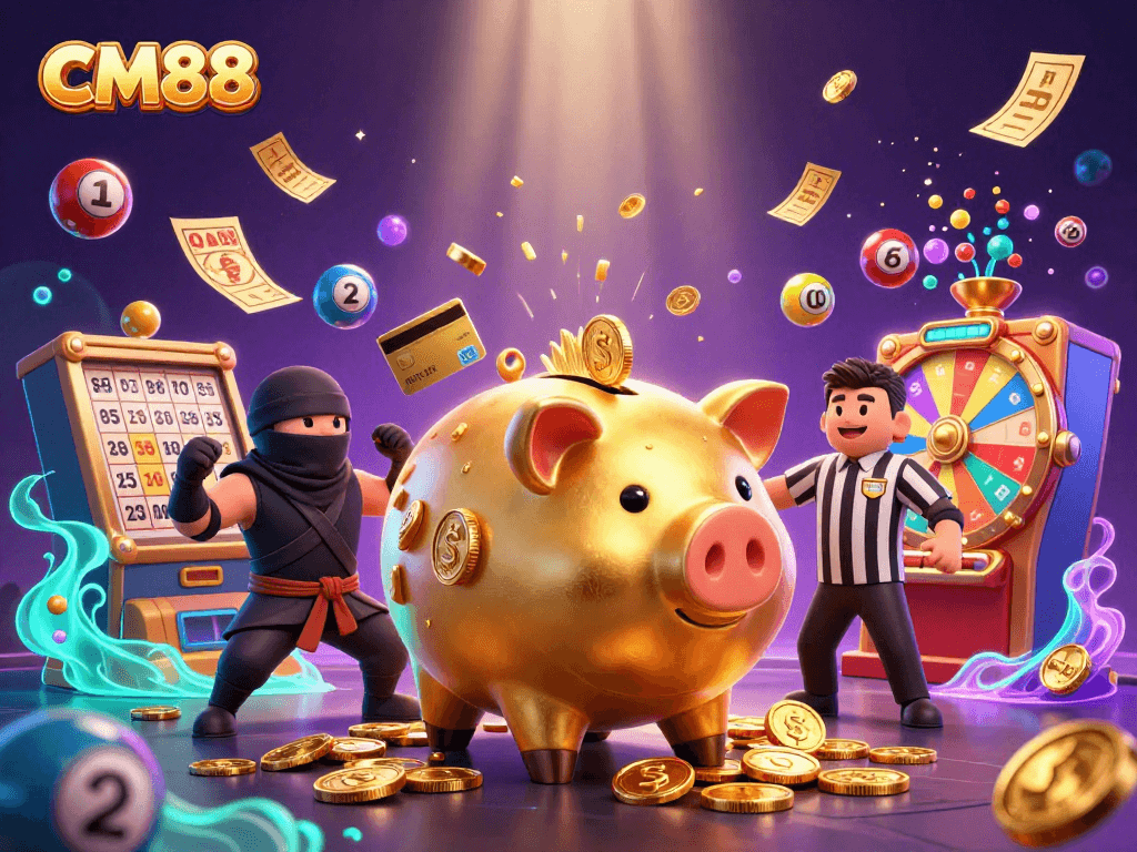 Engage with the CM88 gaming action led by a golden piggy bank sumo wrestler amidst a dazzling casino environment.