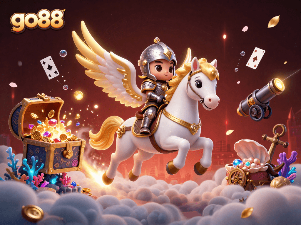 Experience go88’s vibrant casino adventure with a celestial horse, knight, and floating treasures.