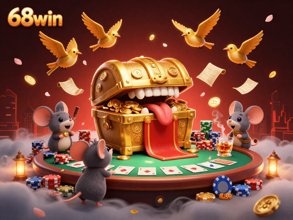 Experience thrills at 68win with treasure chests, vibrant poker chips, and dynamic casino action.