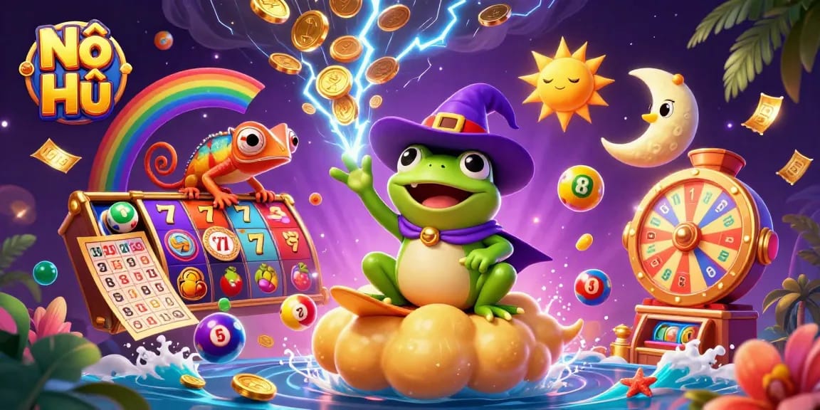 Nổ Hũ slot gaming scene with a wizard frog and chameleon amidst a storm of exciting gambling elements.