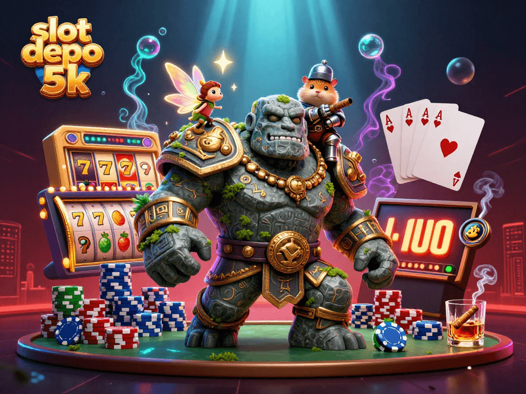 Engage in the thrilling casino world with slot depo 5k, featuring vibrant slot reels and animated characters.