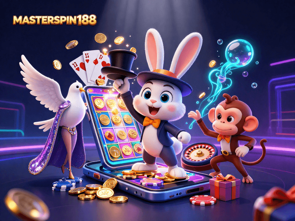 MASTERSPIN188 captivates with a dazzling scene of a magician rabbit and gambling elements.