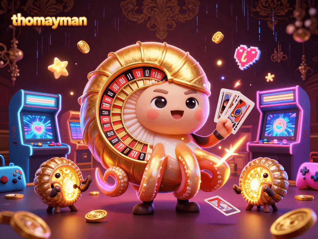 Join the exciting thomayman casino adventure with a vibrant digital illustration showcasing a giant nautilus and glowing game elements.