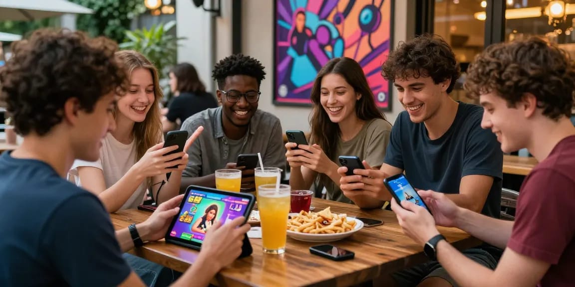 Friends enjoying free mobile porn games at a café, showcasing social gaming experiences in a lively setting.