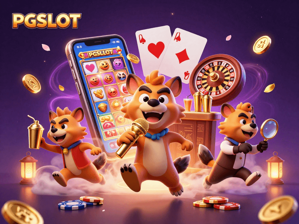 Experience PGSLOT with vibrant characters in a comedy casino club scene, featuring thrilling gaming elements.