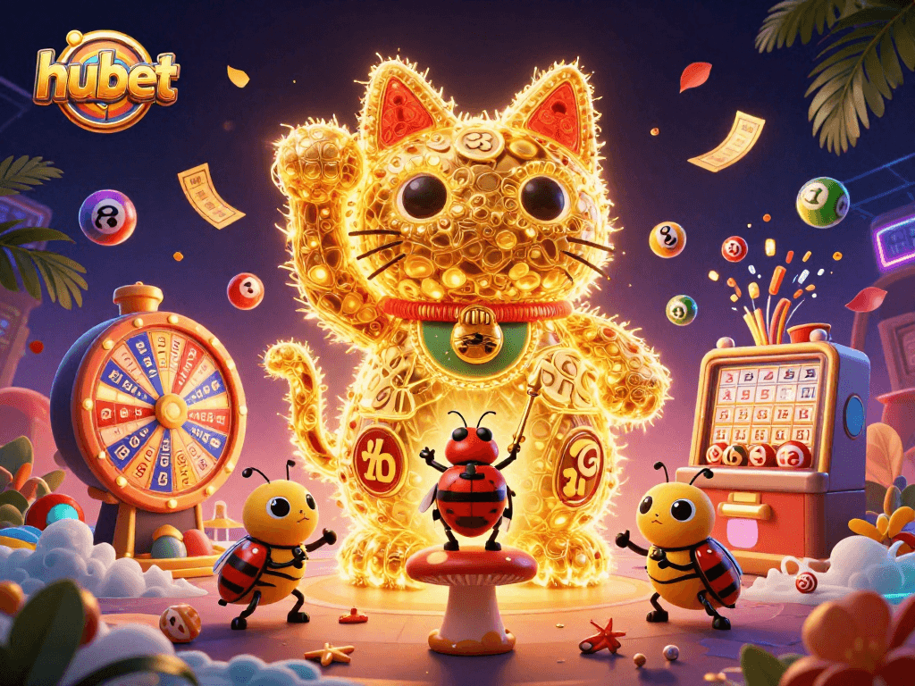 Engage with hubet's vibrant casino world amidst a lucky cat and animated symbols.