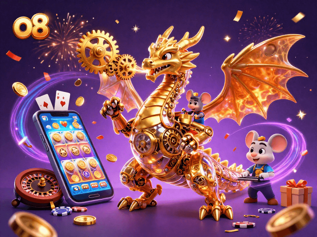 Experience thrilling action with o8 as a magical dragon unleashes golden gears and cogs in a casino adventure.