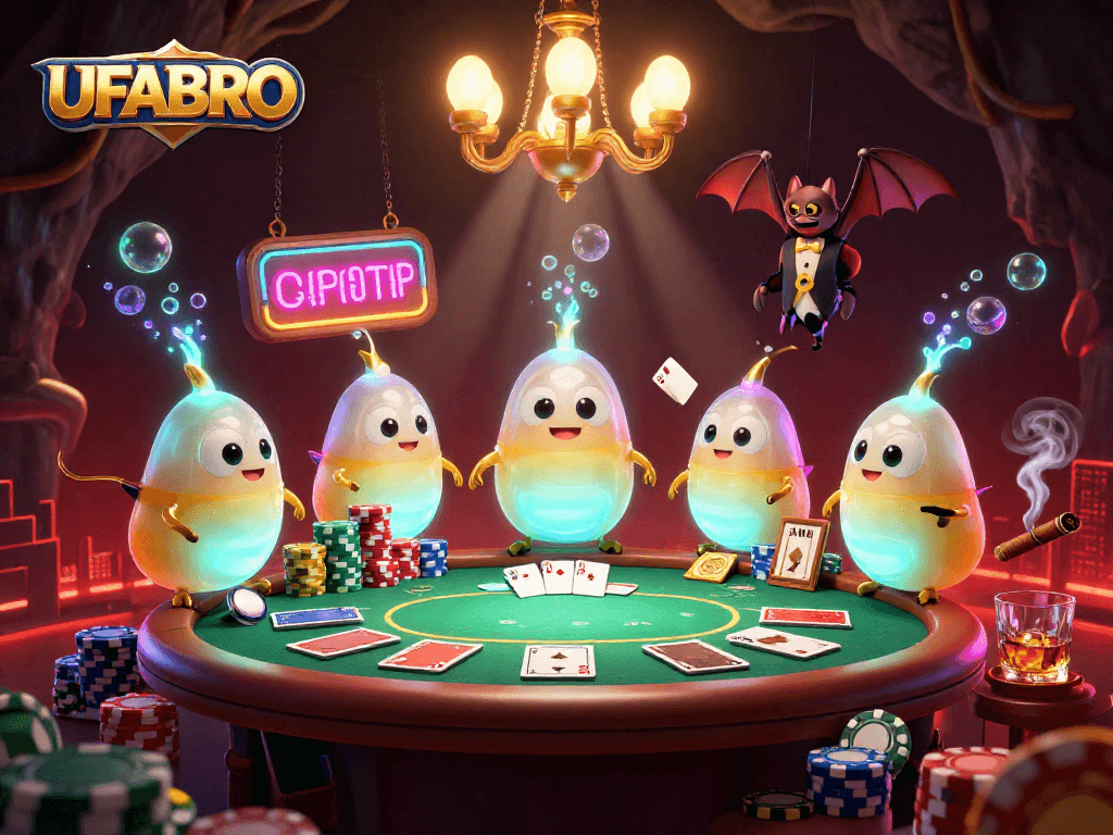 Experience the thrill of UFABRO casino as glowworms illuminate a vibrant cave setting with poker action.