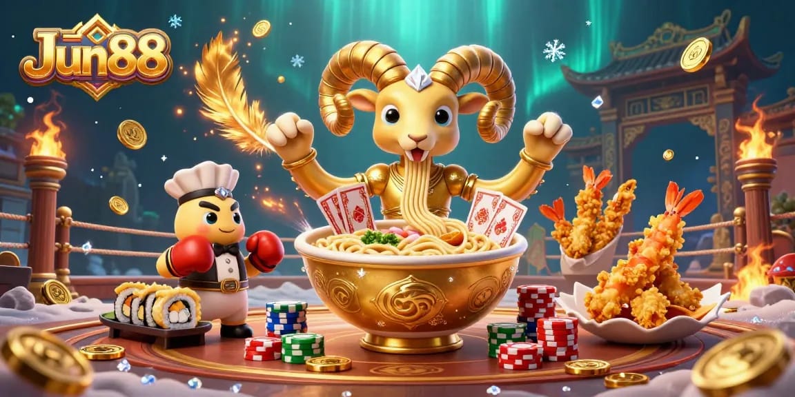 Engage with Jun88's dynamic casino scene featuring a giant ramen bowl, sushi dealer, and exciting casino elements.