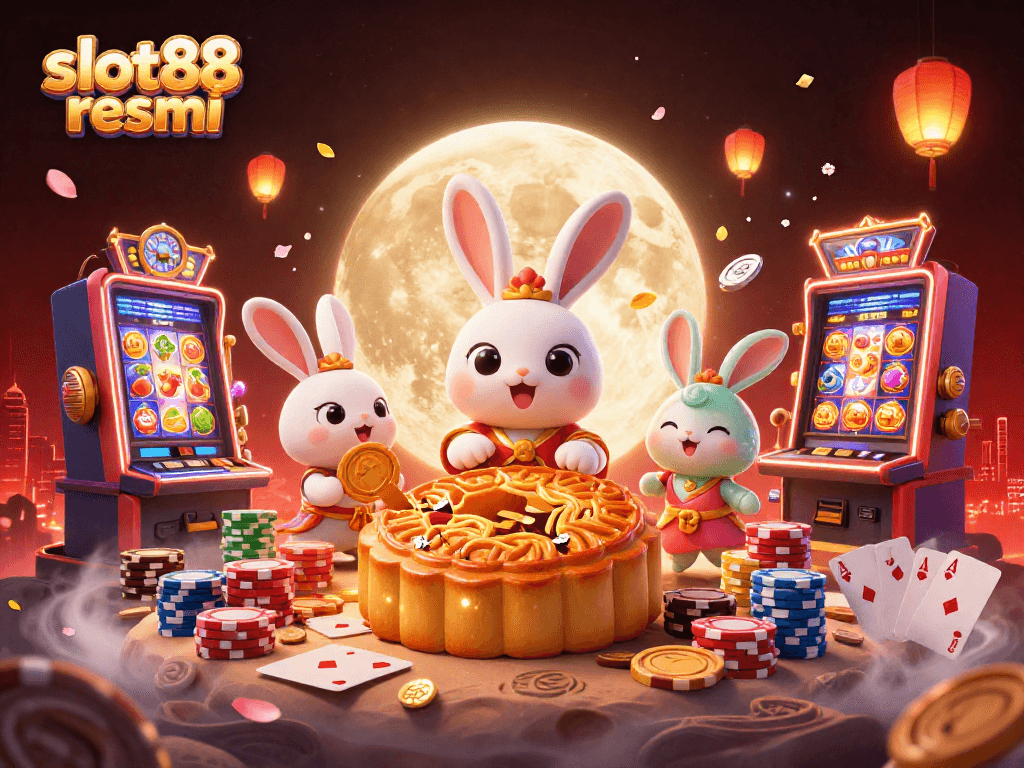 Play to win on slot88 resmi with colorful slot symbols and poker chips in vibrant illustration