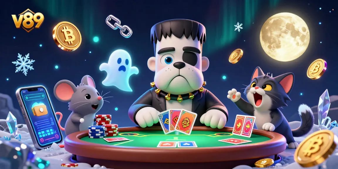 v89 menang kartu sambil bermain poker dengan karakter unik dan latar belakang kasino