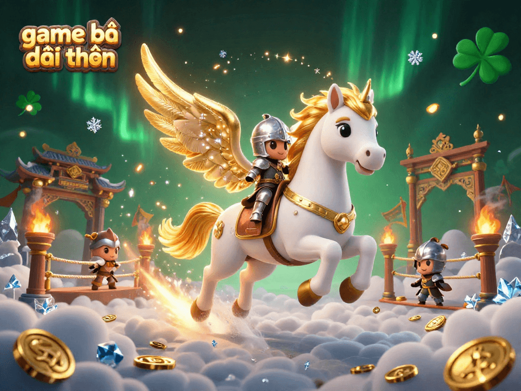 Experience game bài đổi thưởng with a whimsical knight riding a celestial horse in a vibrant casino scene.