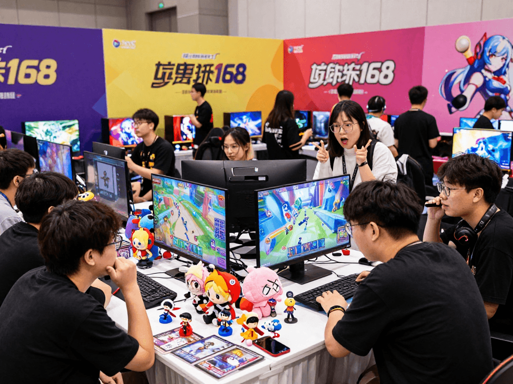 Gamers discussing strategies at a gacha168 convention, showcasing collectibles and vibrant atmosphere.