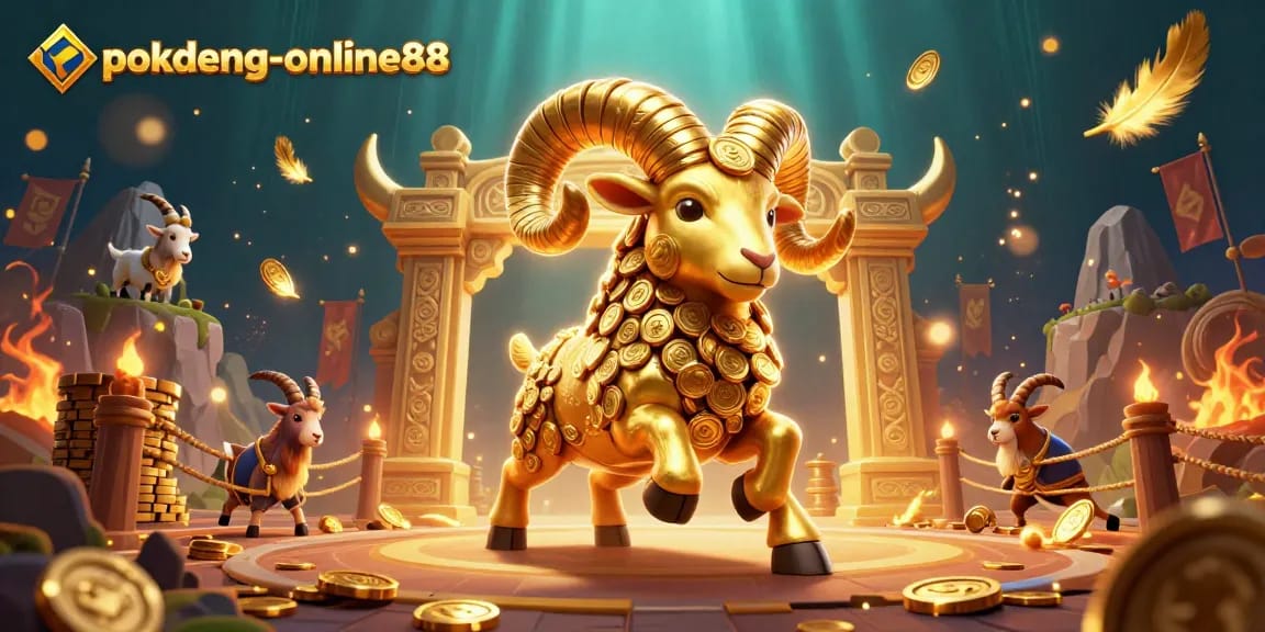 Experience thrilling gameplay in pokdeng-online88 with vivid golden ram and gambling symbols.