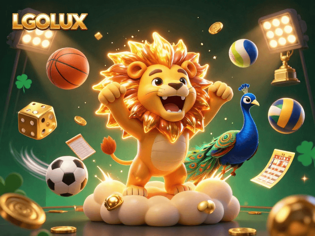 Bet on exciting wins with LGOLUX at a vibrant 3D illustration showcasing a cartoon lion and sports elements.