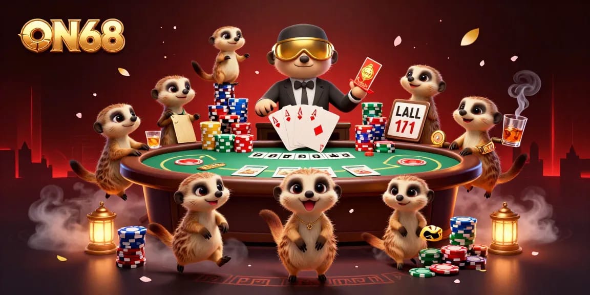 Experience the excitement at ON68 with meerkats managing a vibrant casino scene full of games and action.