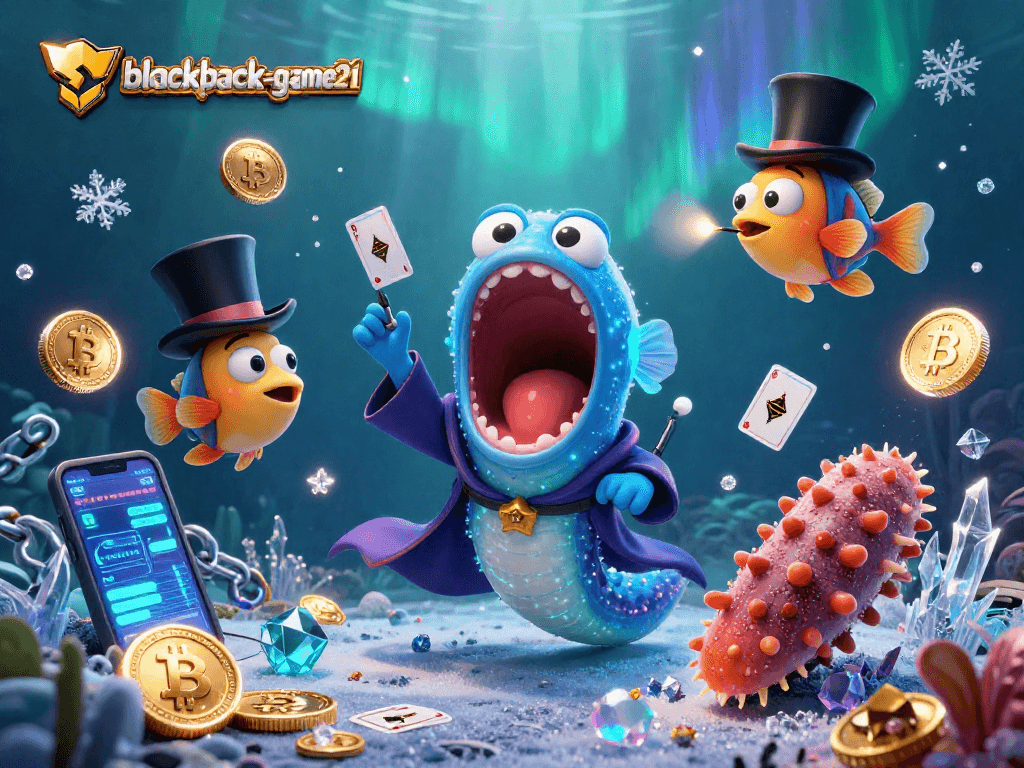 Experience thrilling card tricks at blackjack-game21 with a magician eel and anglerfish in an underwater casino scene.
