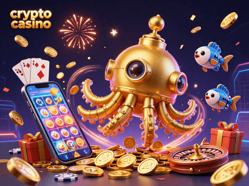 Experience the excitement of the crypto casino with a golden kraken submarine and vibrant game elements.