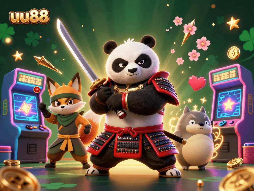 Engage with uu88's vibrant world, where a samurai panda and ninja fox embody the spirit of online gaming.
