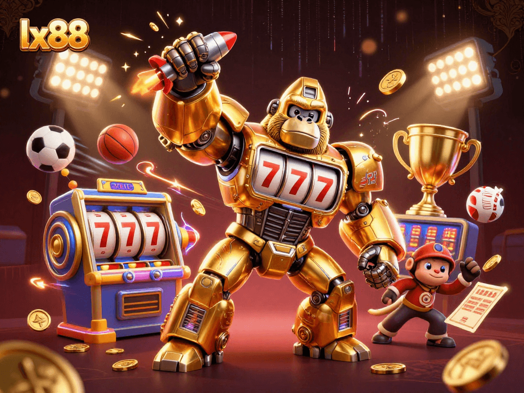 Experience thrilling gaming action with lx88, featuring a golden gorilla mech and sports elements.