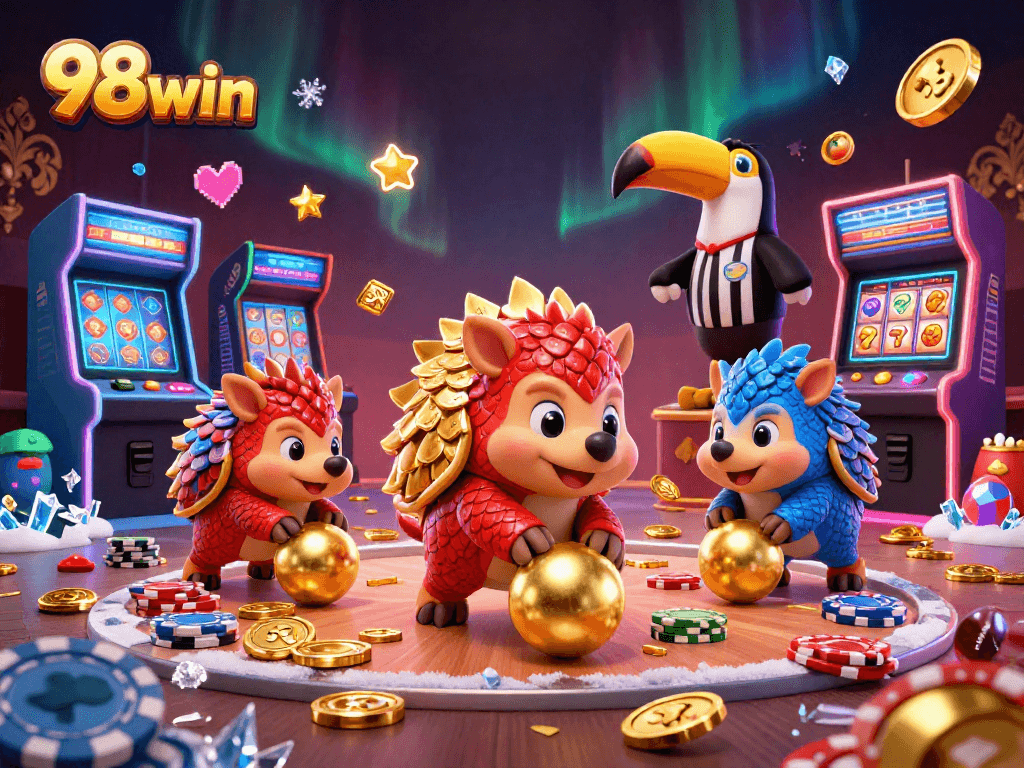 Engage in thrilling gaming with 98win's animated pangolins bowling through poker chips!