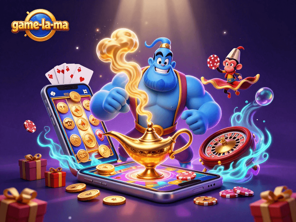 Experience thrilling gaming at game-la-ma with a powerful genie, poker chips, and exciting slot elements