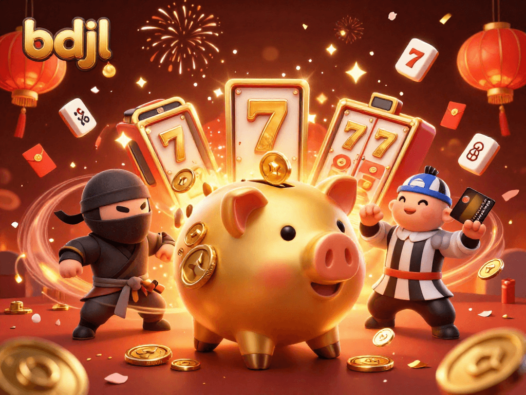 Experience exciting action in bdjl with golden piggy bank sumo, dazzling slot reels, and festive fireworks.