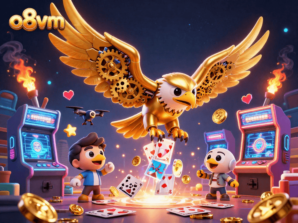 Watch the cybernetic golden eagle soar through holographic cards at o8vm's dynamic casino.
