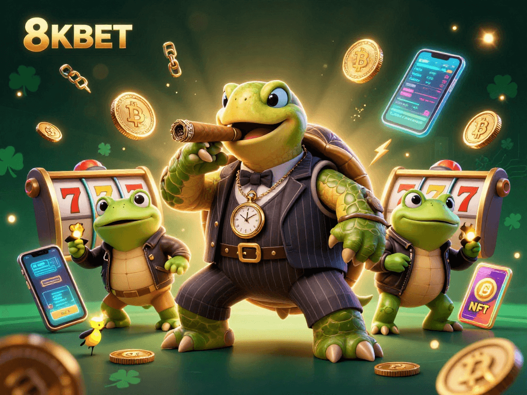 8KBET showcases a fun-filled scene with characters and vibrant gambling elements illuminating excitement on the casino floor.