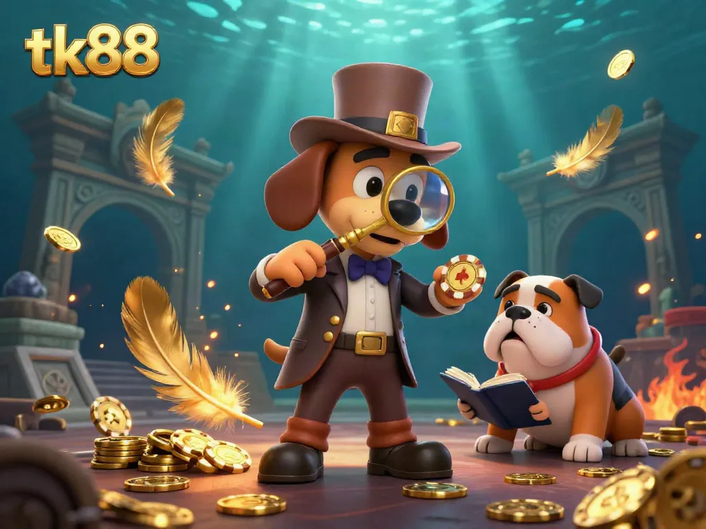 Examine golden poker chip clues with tk88 in a dynamic casino scene featuring 3D cartoon characters.