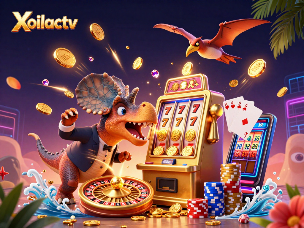 Xoilactv features a pachycephalosaurus headbutting a golden jackpot slot machine as a manager and pteranodon celebrate.