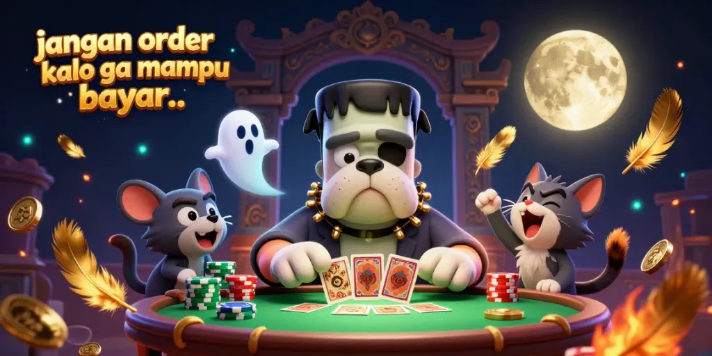 Engaging design depicting a vibrant gambling scene with the phrase 'jangan order kalo ga mampu bayar..' featured prominently.