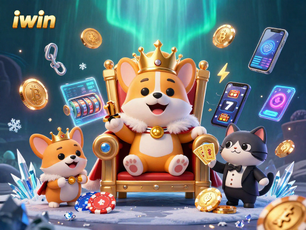 Experience the vibrant iwin gaming world with royal corgi and crypto elements in a festive casino scene.