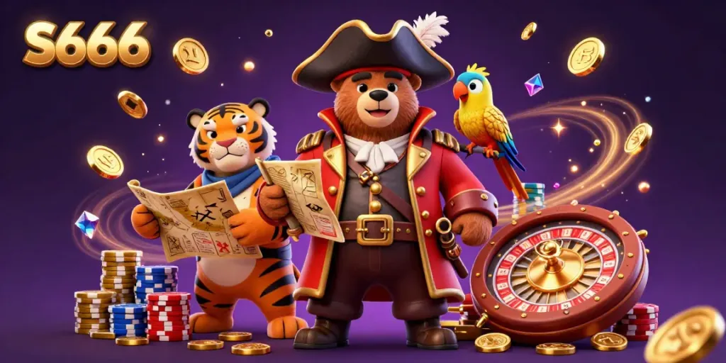S666 reveals thrilling wins with a lively casino scene featuring a pirate bear and tiger amidst cascading coins.