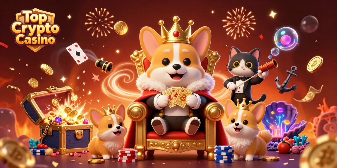 Engaging scene showcasing Top Crypto Casino elements, featuring a royal corgi and blockchain details.