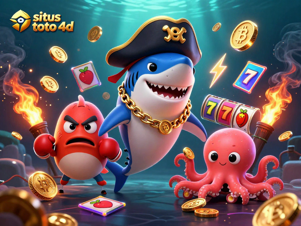 Engage with situs toto 4d as a shark pirate, pufferfish, and octopus celebrate winnings amid vibrant casino symbols.