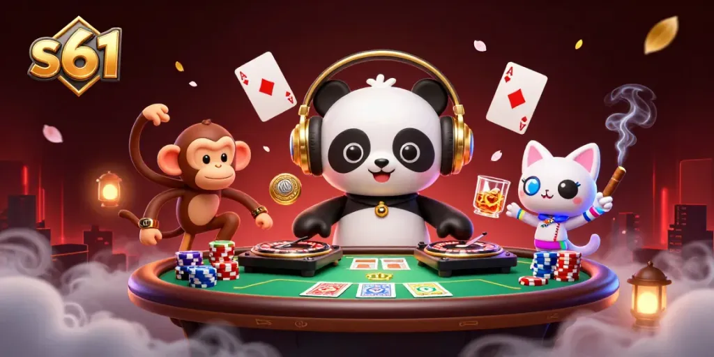 Spin to win at s61 with a fun DJ panda and monkey in a vibrant casino scene.