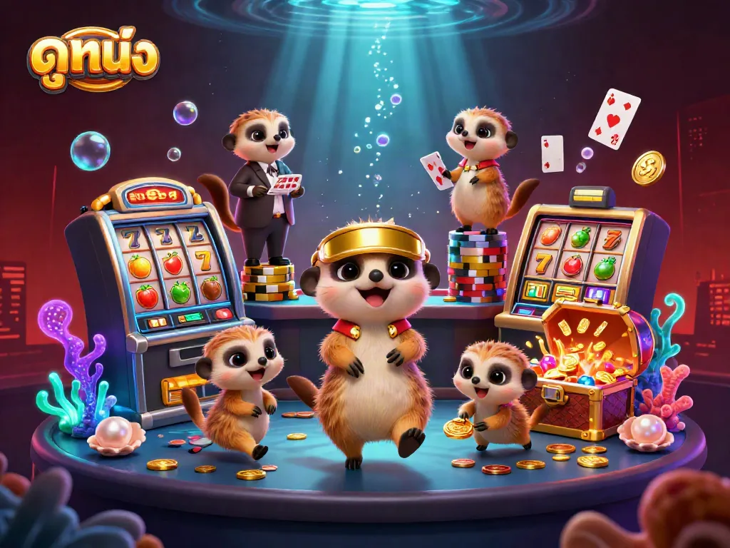 Experience the thrill of ดูหนังออนไลน์ with a vibrant 3D meerkat casino scene featuring dynamic gaming elements.