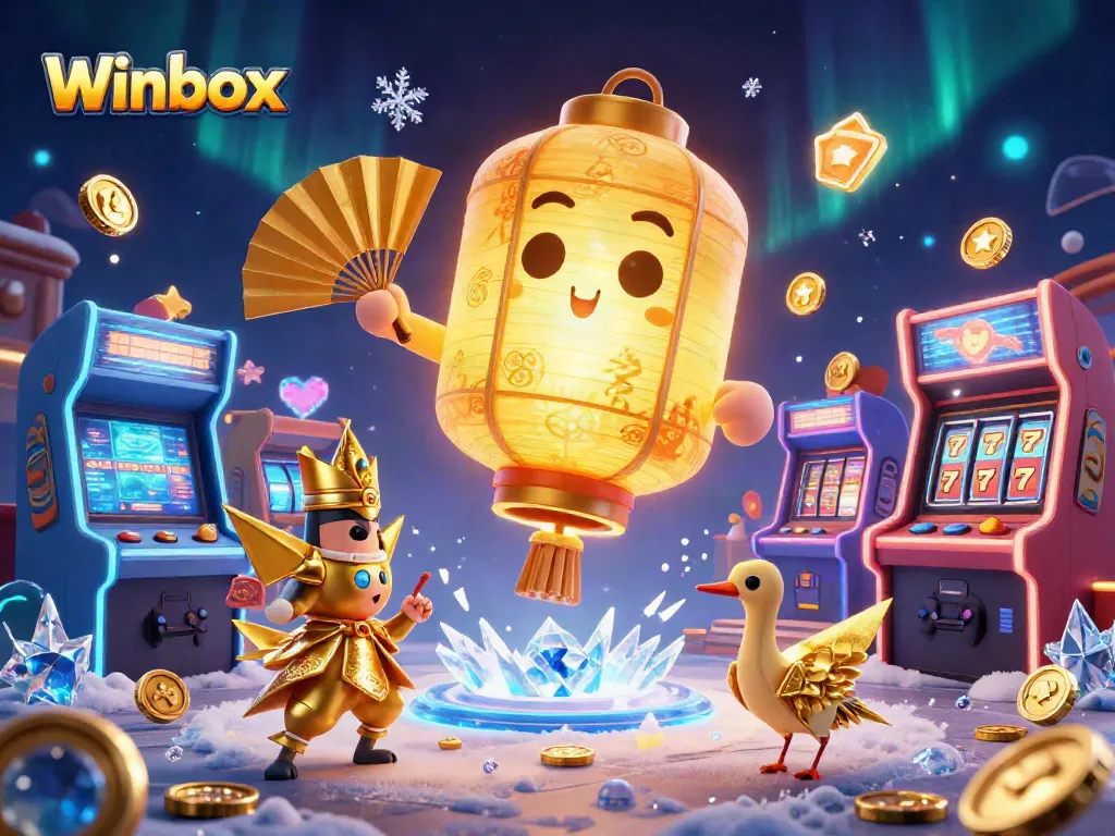 Winbox features a mystical lantern spirit and casino scene with dynamic gameplay elements, illustrating a lively gaming experience.