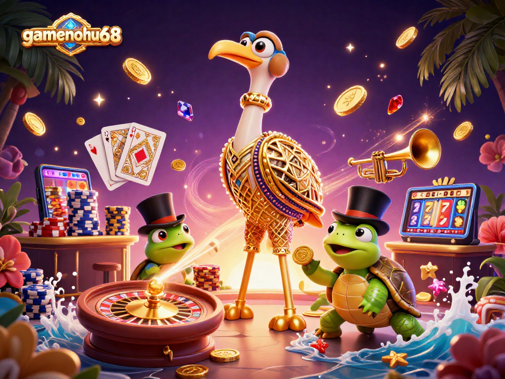 Experience the excitement of gamenohu68 gaming with a vibrant 3D casino scene filled with animated characters and dynamic elements.