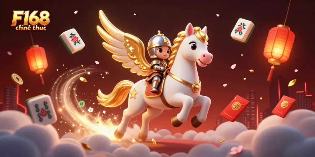 Experience the excitement of F168 chính thức with dynamic gaming elements and a whimsical scene.