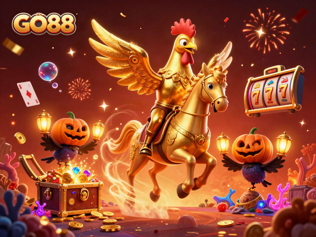Experience exciting gameplay with GO88, where the golden rooster and friends celebrate casino victories.