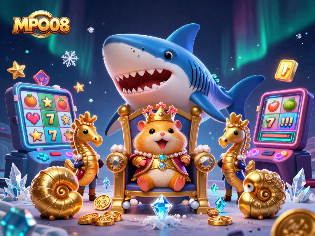 MPO08 features a vibrant 3D casino universe with a golden hamster king and slot game elements for an exciting experience