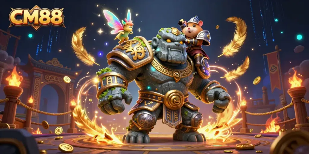 Experience CM88's thrilling gaming world with a golem guardian, knight, and fairy in a vibrant casino setting.