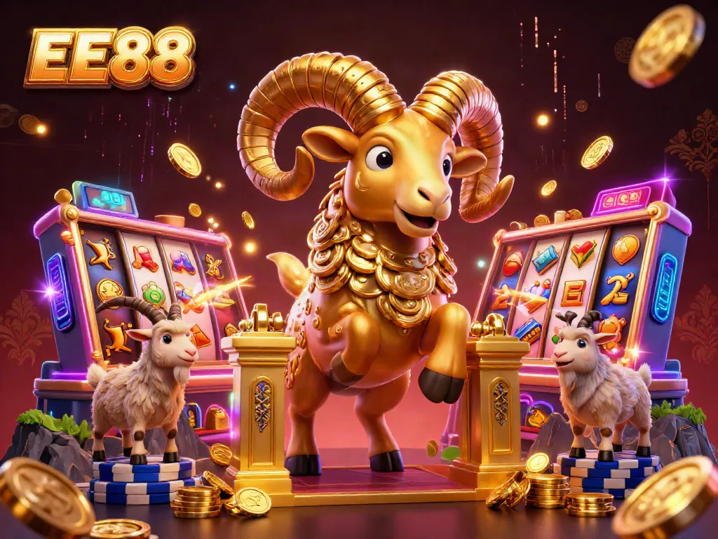 Win big with EE88 in this energetic casino scene featuring a golden ram and spinning slots!